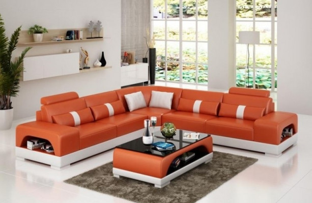 Hoekbank met USB, bank sofa woonlandschap zit hoekset bekleding leer textiel zandkleur.