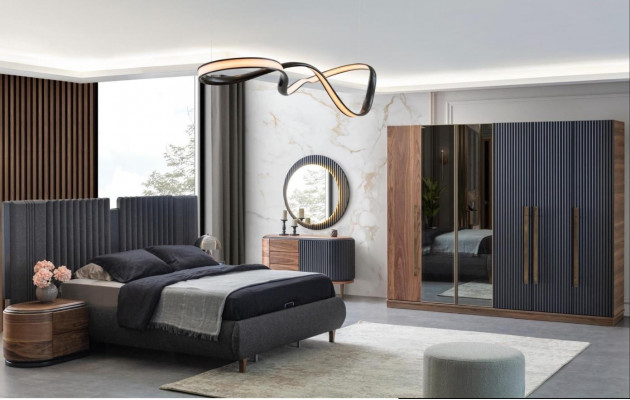 Zwart-beige slaapkamer set, ontwerper tweepersoonsbed, 2 nachtkastjes.