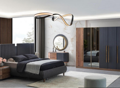 Zwart-beige slaapkamer set, ontwerper tweepersoonsbed, 2 nachtkastjes.