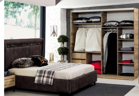 Slaapkamer meubels Ontwerper Bed met gestoffeerde hoofdeinde 2x Nachtkastjes Kledingkast