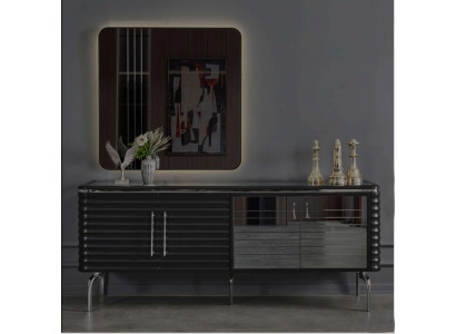 Stijlvolle eetkamerset luxe zwarte dressoir spiegel houten meubels