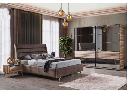 Moderne slaapkamer meubels Gestoffeerd tweepersoonsbed Houten nachtkastjes Kast