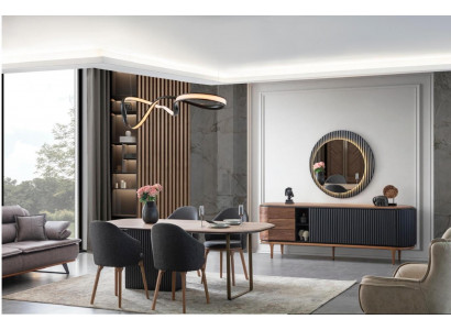 Grote eetkamerset, ontwerpeettafel, 4 gestoffeerde stoelen, dressoir