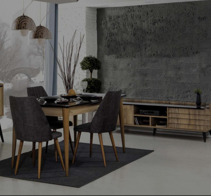 Eetkamergroep Ontwerper Bruine Eettafel 4x Zwarte Gestoffeerde Stoelen