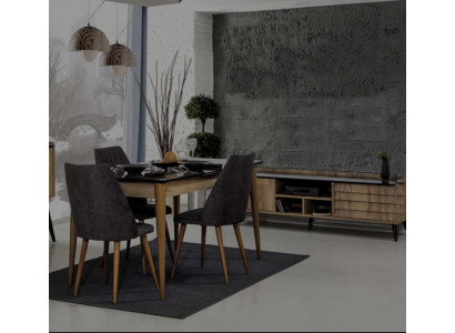 Eetkamergroep Ontwerper Bruine Eettafel 4x Zwarte Gestoffeerde Stoelen