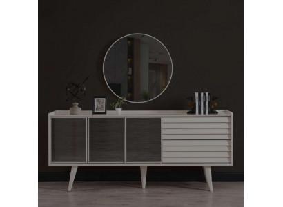 Wit dressoir Luxe ronde spiegel Designer houten meubels 2-delig set Nieuw