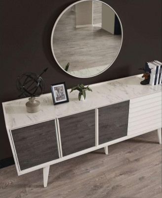 Wit dressoir Luxe ronde spiegel Designer houten meubels 2-delig set Nieuw