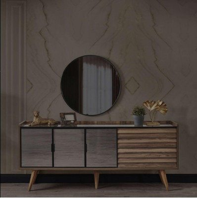 Bruine eetkamerset Stijlvol dressoir Ronde spiegel Houten meubels 2-delig