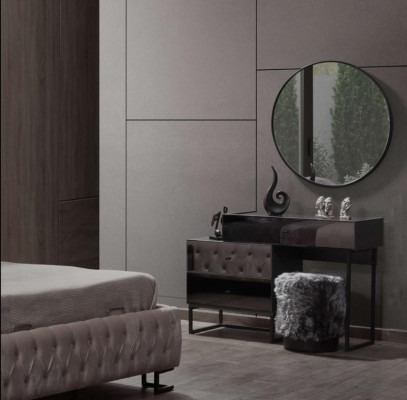 Ontwerper Grijze kaptafel met ronde spiegel en gestoffeerde kruk Luxe 3-delige set