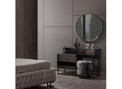 Ontwerper Grijze kaptafel met ronde spiegel en gestoffeerde kruk Luxe 3-delige set