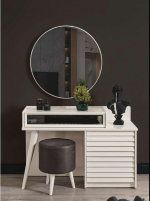Witte make-uptafel met laden Ronde fauteuil Console Luxe poef 3-dlg.