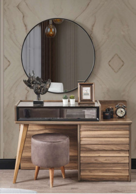 Bruine houten kaptafel met ronde spiegel, ontwerpersslaapkamer 2-delige setconsole.