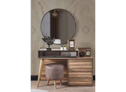 Bruine houten kaptafel met ronde spiegel, ontwerpersslaapkamer 2-delige setconsole.