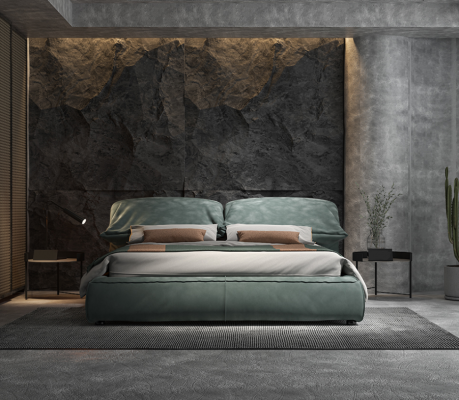 Groene slaapkamer bed ontworpen designer tweepersoonsbed luxe materiaal houten frame.
