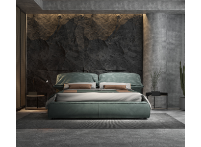 Groene slaapkamer bed ontworpen designer tweepersoonsbed luxe materiaal houten frame.
