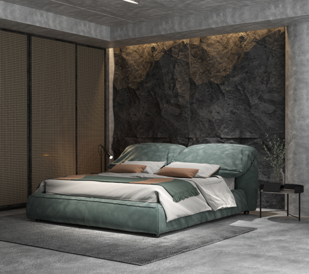 Groene slaapkamer bed ontworpen designer tweepersoonsbed luxe materiaal houten frame.