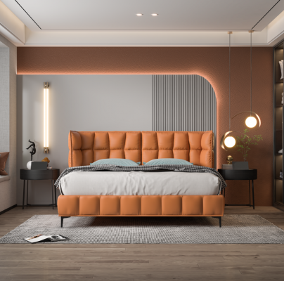 Oranje dubbel bed slaapkamer meubels textielbedden houten frame stijlvol