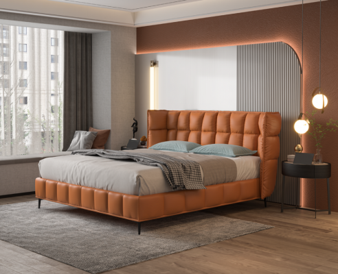 Oranje dubbel bed slaapkamer meubels textielbedden houten frame stijlvol