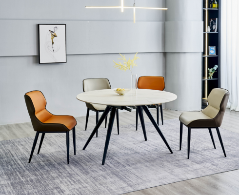 Beige ronde eettafel - ronde tafel 4x gestoffeerde stoelen - ontwerper eetkamer