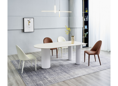 Eetkamer meubels Halfronde eettafel 4x witte bruine stoelen Luxe set