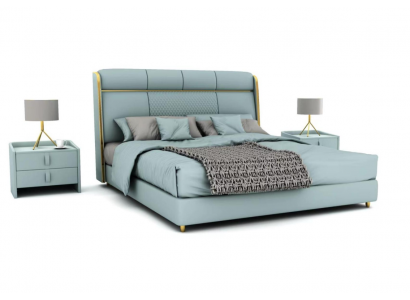 Slaapkamer Blauw tweepersoonsbed Designer bedden Houten frame Luxe meubels