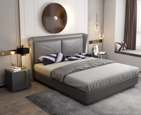 Grijze slaapkamer dubbel bed designer bedden houten frame leren bedden