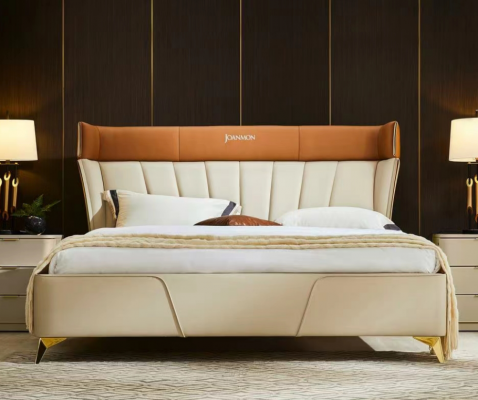 Slaapkamer Beige Tweepersoonsledikant Leren bedden Houten frame Textielmeubels