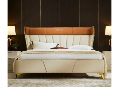 Slaapkamer Beige Tweepersoonsledikant Leren bedden Houten frame Textielmeubels