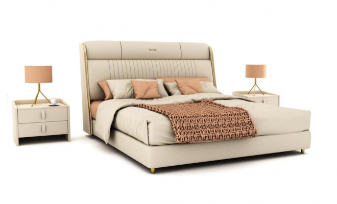 Beige textielbed Stijlvolle slaapkamermeubels Designer tweepersoonsbedden