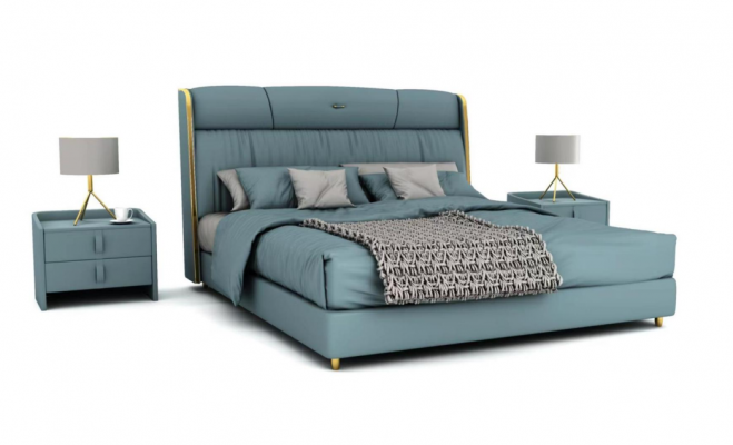 Blauwe slaapkamer tweepersoonsbed designmeubels LED-bed hout textielbedden