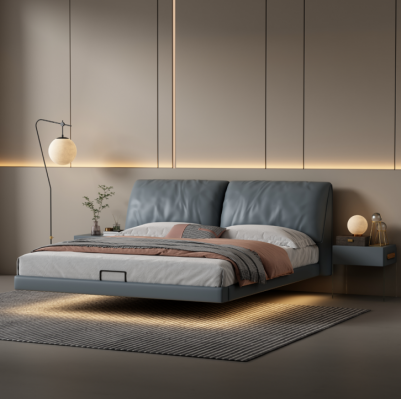 Grijze slaapkamer Designer bedden Houten frame Moderne luxe meubels.