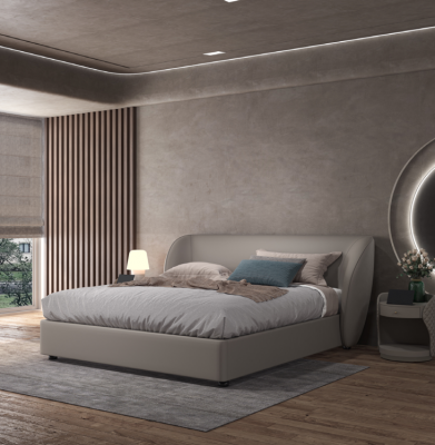 Grijze design slaapkamer tweepersoonsbed textiel bedden houten leren bedden