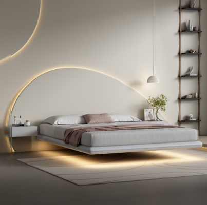 Grijze muurbed Moderne slaapkamermeubels Houten frame LED-bedden Nieuw