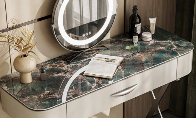 Witte make-uptafel met spiegel, designmake-uptafel met laden
