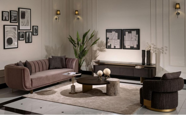 Woonkamerset Bank Fauteuil Bruin Stof Salontafel Set 5-delig RTV