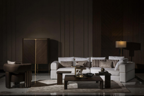 Woonkamerset hoekbank stoffen bank fauteuil salontafel set 6-delig bruin