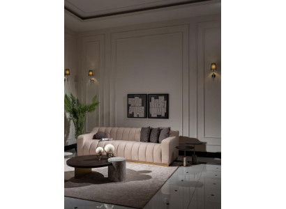Garnituur woonkamer driezitsbank salontafels 4-delig stoffen bankstel beige hout