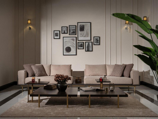 Woonkamer groep bank salontafels 4-delig stoffen bank beige hout modern