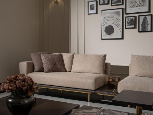 Woonkamer groep bank salontafels 4-delig stoffen bank beige hout modern