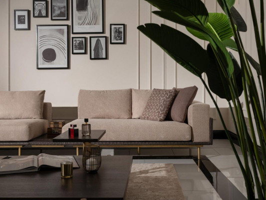 Woonkamer groep bank salontafels 4-delig stoffen bank beige hout modern