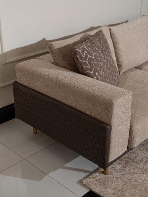 Woonkamer groep bank salontafels 4-delig stoffen bank beige hout modern