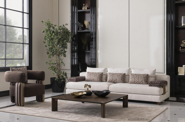 Volledige bankstel bank fauteuil bruin stoffen bank salontafel