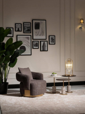 Compleet woonkamer fauteuil bijzettafels 4-delig stof grijs hout modern.