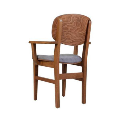 Grijsbruine houten designstoel luxe eetkamerstoel met armleuning.