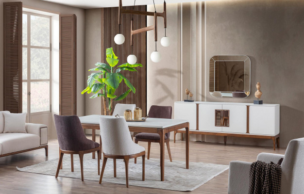 Luxe eetkamerset Eettafel 4x stoelen Dressoir Spiegel 7-delig Modern