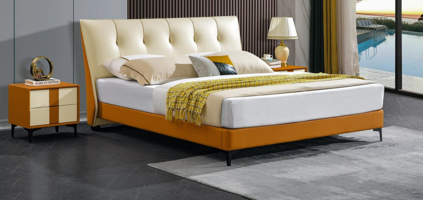 Ontwerpersbed Oranje Lederen Hotelkunstleren Bedden Tweepersoons Slaapkamer.