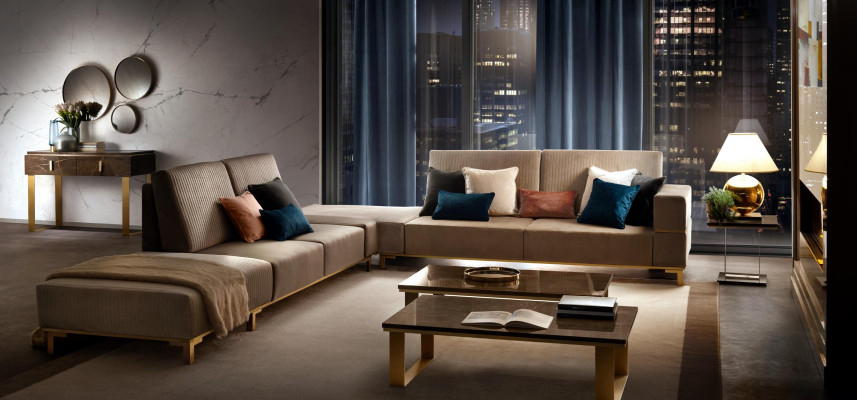 Hoekbank bank stoffen bank woonlandschap luxe meubels L-vorm salontafel 2 stuks