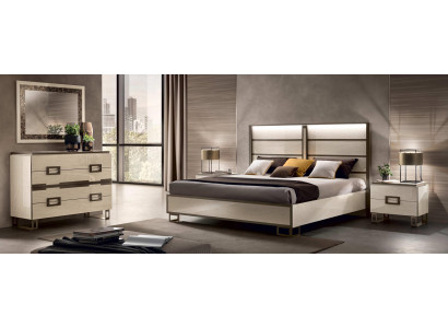 Slaapkamer Bed Nachtkastje Commode Spiegel Bed met bekleding Tweepersoonsbed Set van 5 stuks.