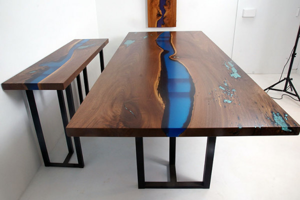 Eettafel River Table Echt hout Massief Epoxyhars Tafels 260x100 Nieuw