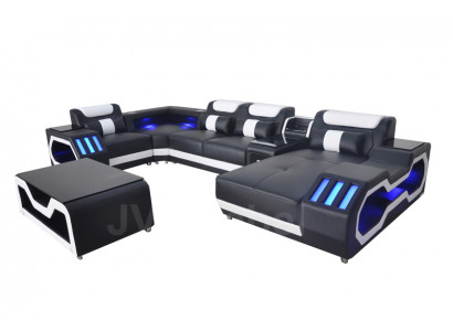 Lederen bankstel bekleding hoekstel Moderne woonkamer tafel + USB + LED